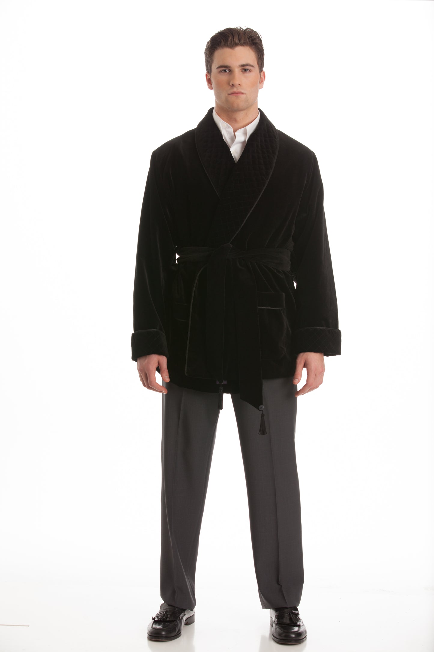 Velvet Smoking Jacket - Black with Quilted Collar