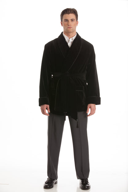 Velvet Smoking Jacket - Black with Quilted Collar