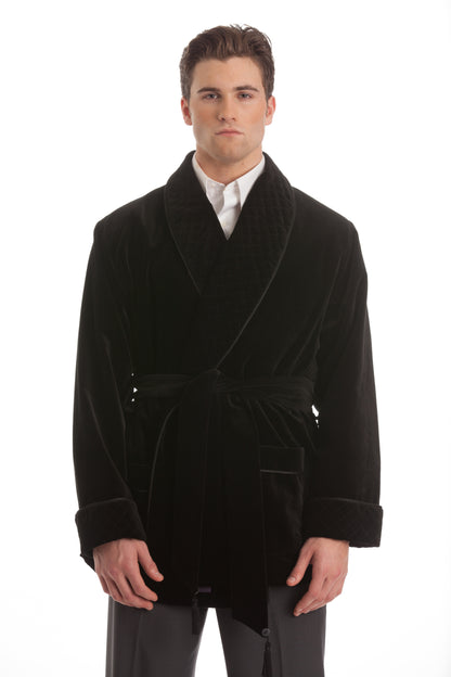 Velvet Smoking Jacket - Black with Quilted Collar