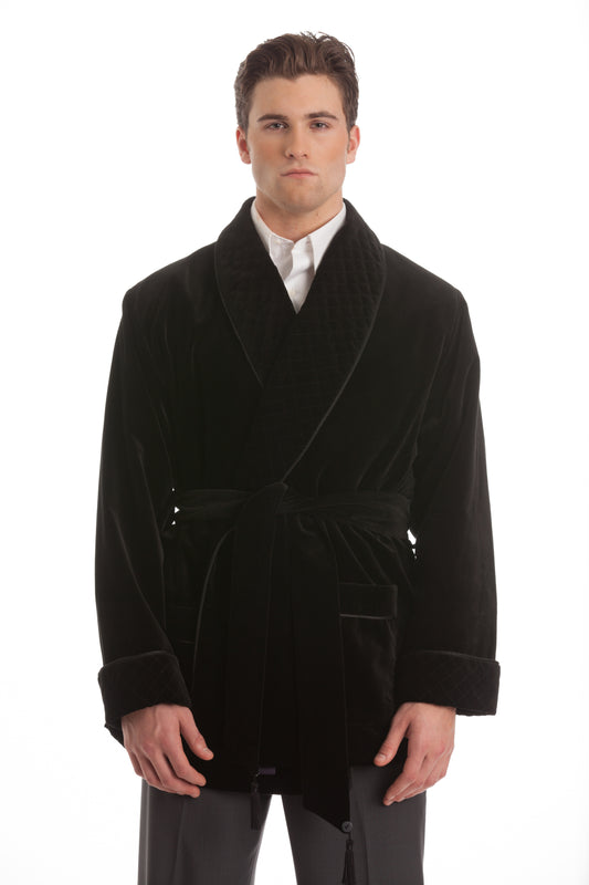 Velvet Smoking Jacket - Black with Quilted Collar