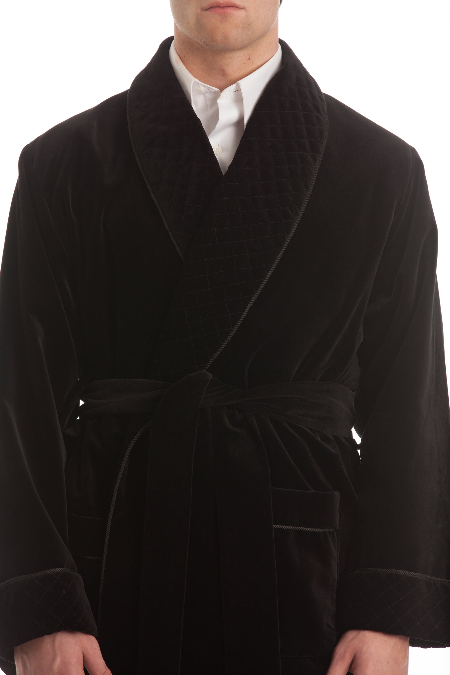 Velvet Smoking Jacket - Black with Quilted Collar