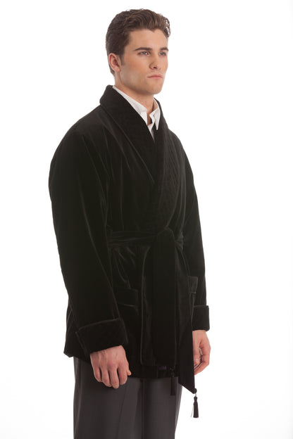 Velvet Smoking Jacket - Black with Quilted Collar
