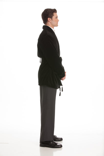 Velvet Smoking Jacket - Black with Quilted Collar