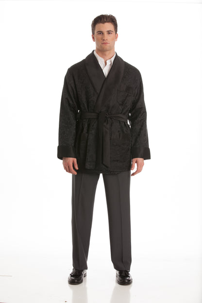 Velvet Smoking Jacket – Black Textured Velvet with Black Shawl Collar