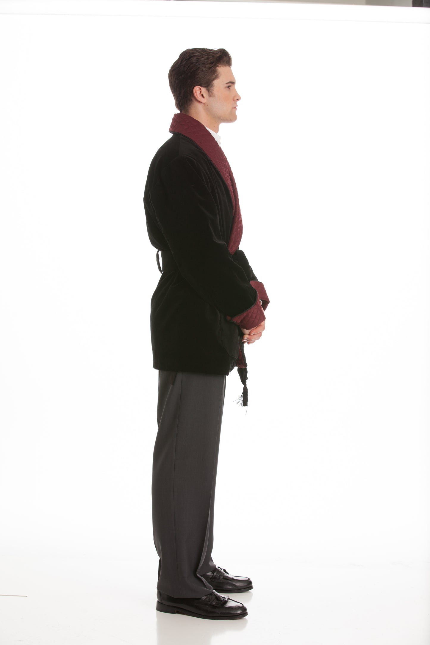 Velvet Smoking Jacket - Black with Burgundy Quilted Collar