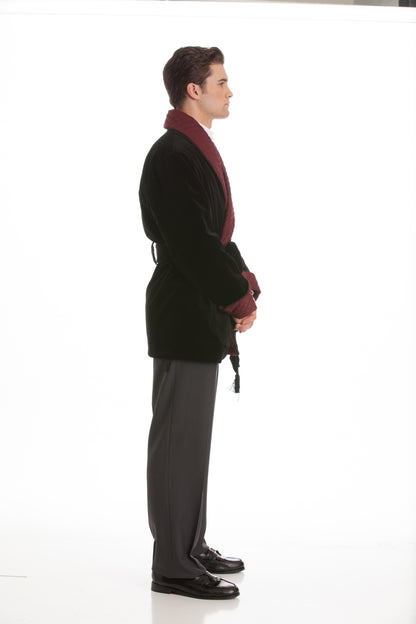 Velvet Smoking Jacket - Black with Burgundy Quilted Collar