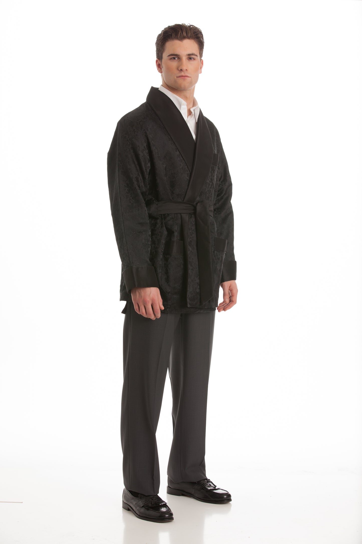 Velvet Smoking Jacket – Black Textured Velvet with Black Shawl Collar
