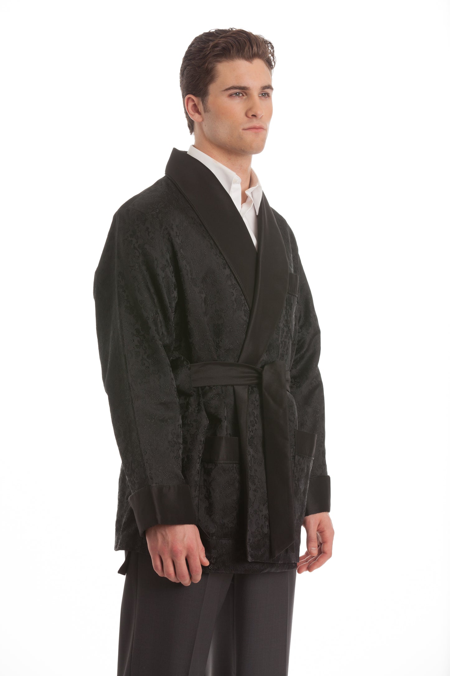 Velvet Smoking Jacket – Black Textured Velvet with Black Shawl Collar