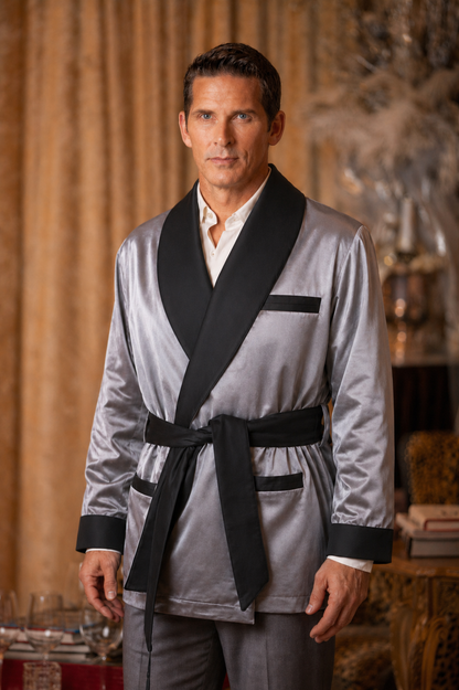 Satin Smoking Jacket - Grey With Black collar