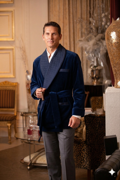 Velvet Smoking Jacket-Navy with Blue Piping