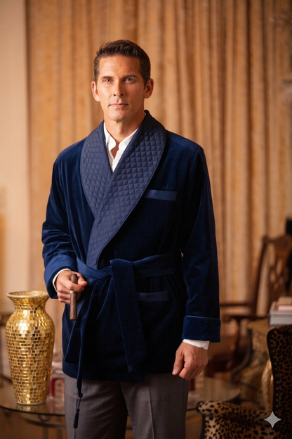 Velvet Smoking Jacket-Navy with Blue Piping