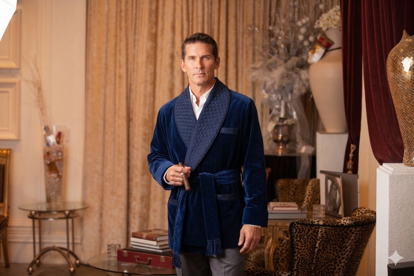 Velvet Smoking Jacket-Navy with Blue Piping