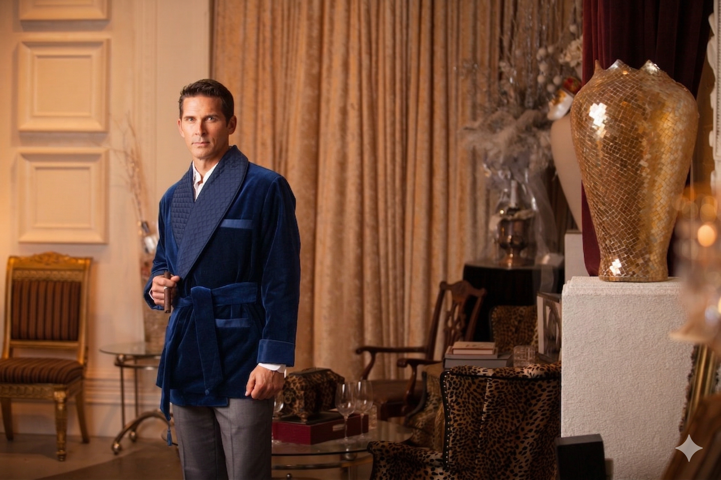 Velvet Smoking Jacket-Navy with Blue Piping