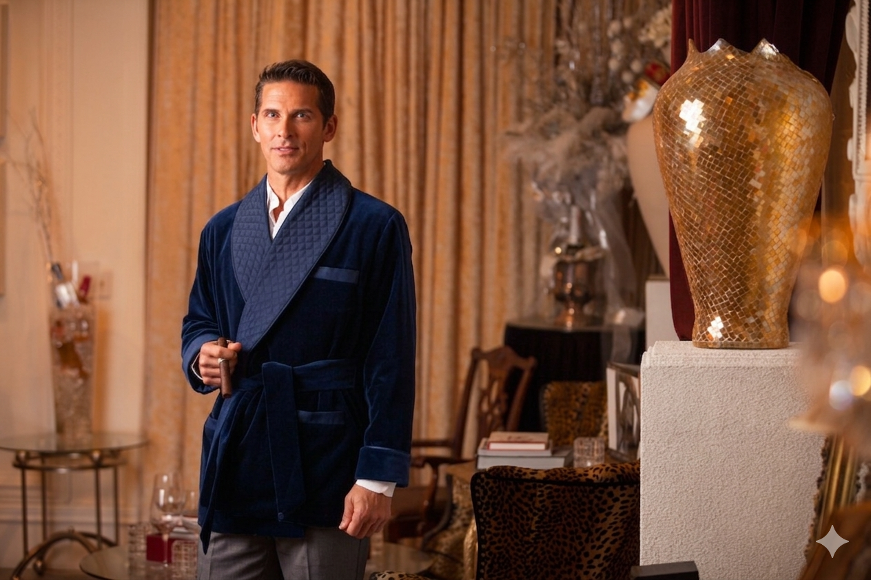 Velvet Smoking Jacket-Navy with Blue Piping