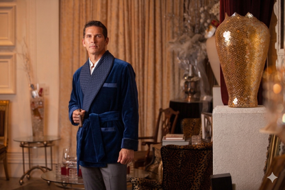 Velvet Smoking Jacket-Navy with Blue Piping