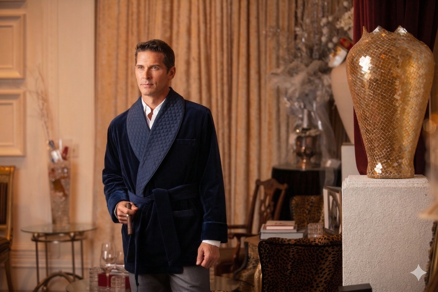 Velvet Smoking Jacket-Navy with Blue Piping