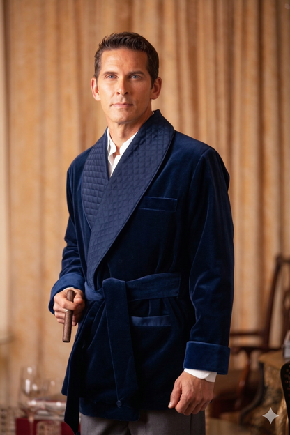 Velvet Smoking Jacket-Navy with Blue Piping