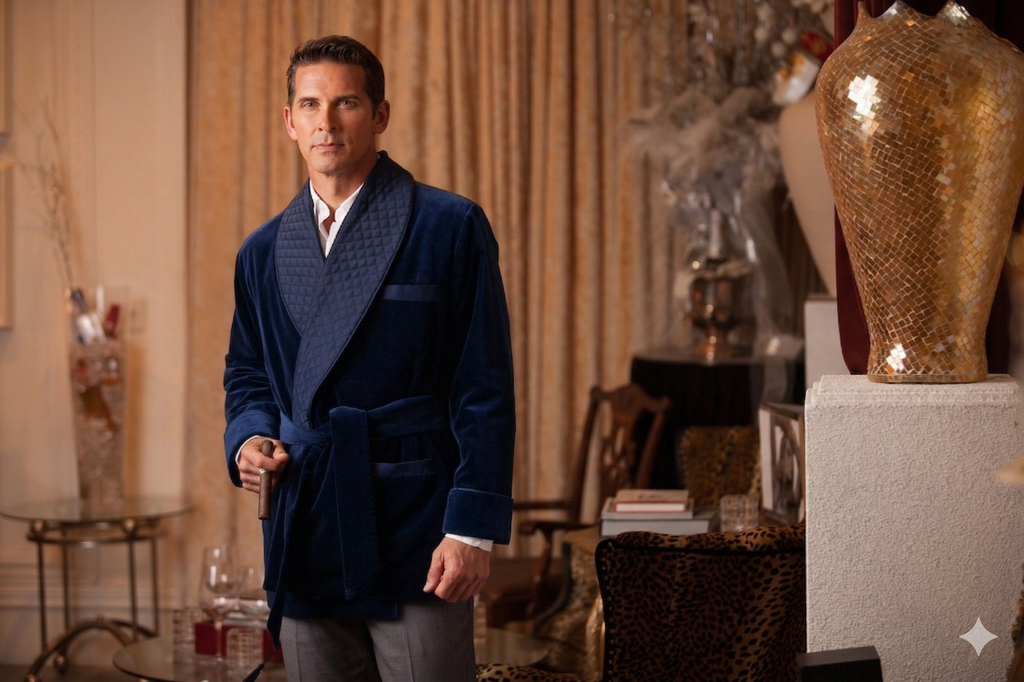 Velvet Smoking Jacket-Navy with Blue Piping