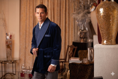 Velvet Smoking Jacket-Navy with Blue Piping