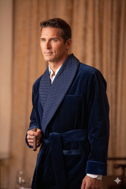 Velvet Smoking Jacket-Navy with Blue Piping