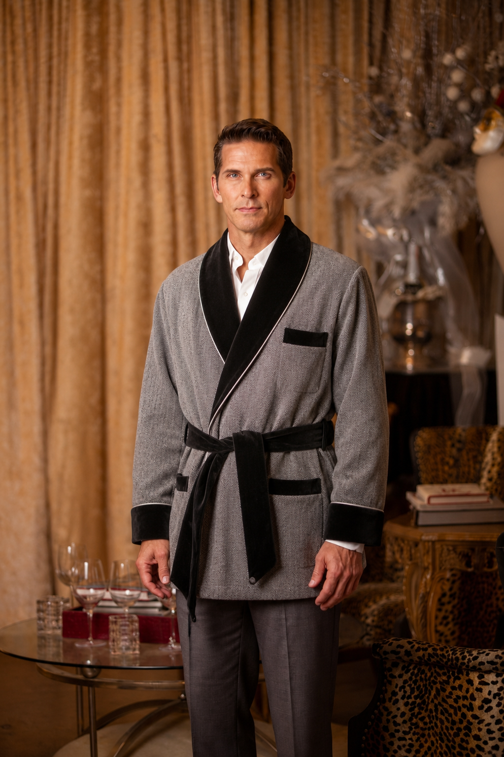 Wool  Smoking Jacket – Gray with Black Quilted Collar