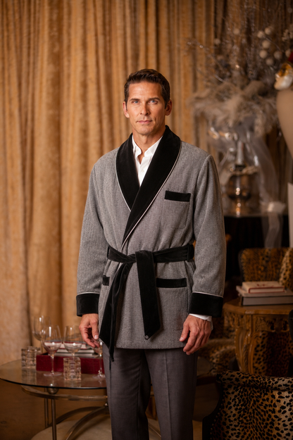 Wool  Smoking Jacket – Gray with Black Quilted Collar
