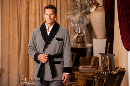 Wool  Smoking Jacket – Gray with Black Quilted Collar
