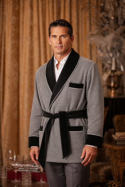 Wool  Smoking Jacket – Gray with Black Quilted Collar