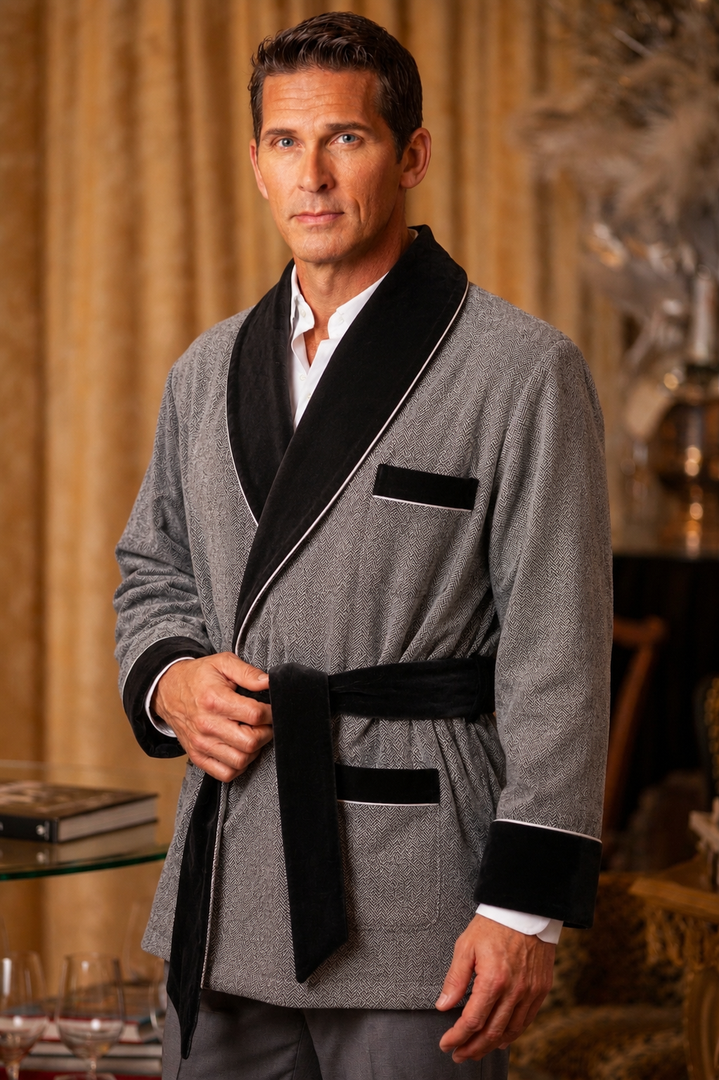 Wool  Smoking Jacket – Gray with Black Quilted Collar